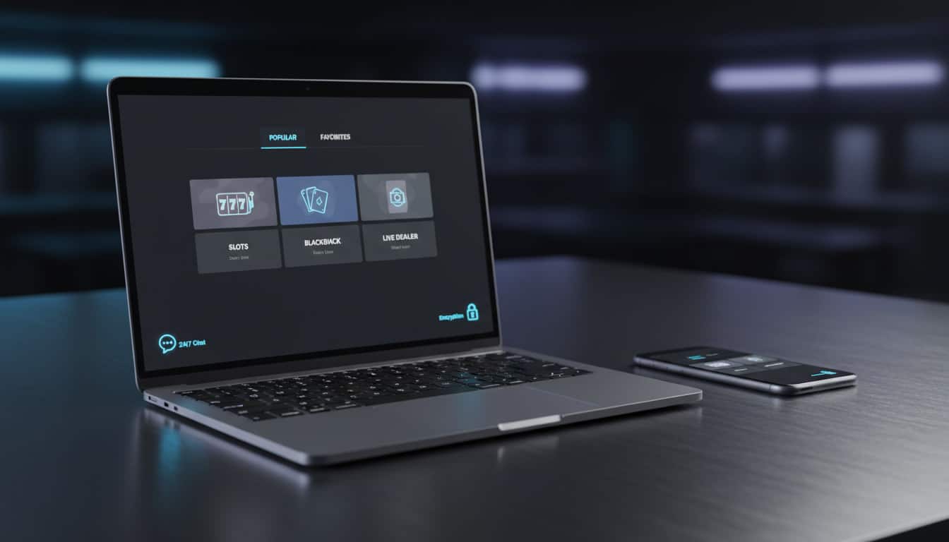 Online casino interface displayed on laptop and smartphone in a dark room, showing categories like Slots, Blackjack, and Live Dealer with icons and descriptions; includes 24/7 chat and encryption features, highlighting secure, cross-device gaming experience.